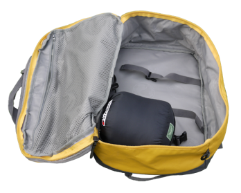 Ultralight down sleeping bag inside aircraft carry on bag