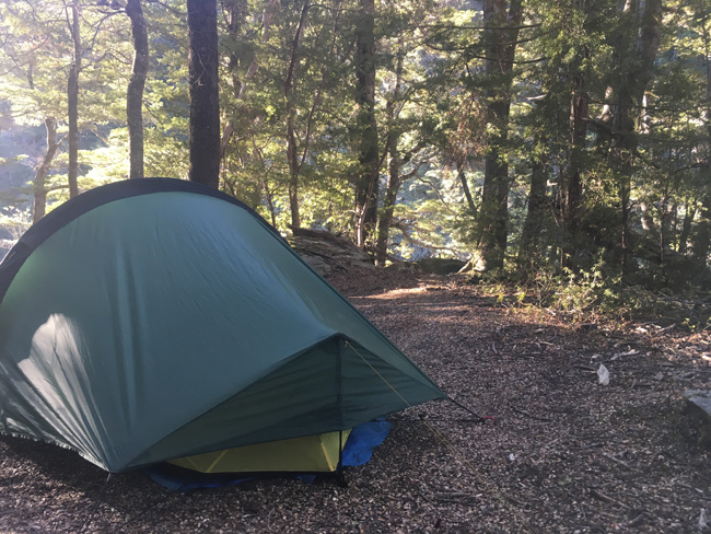 Camping at the bottom of the hill beneath Stody’s Hut, Breast Hill Track, Otago